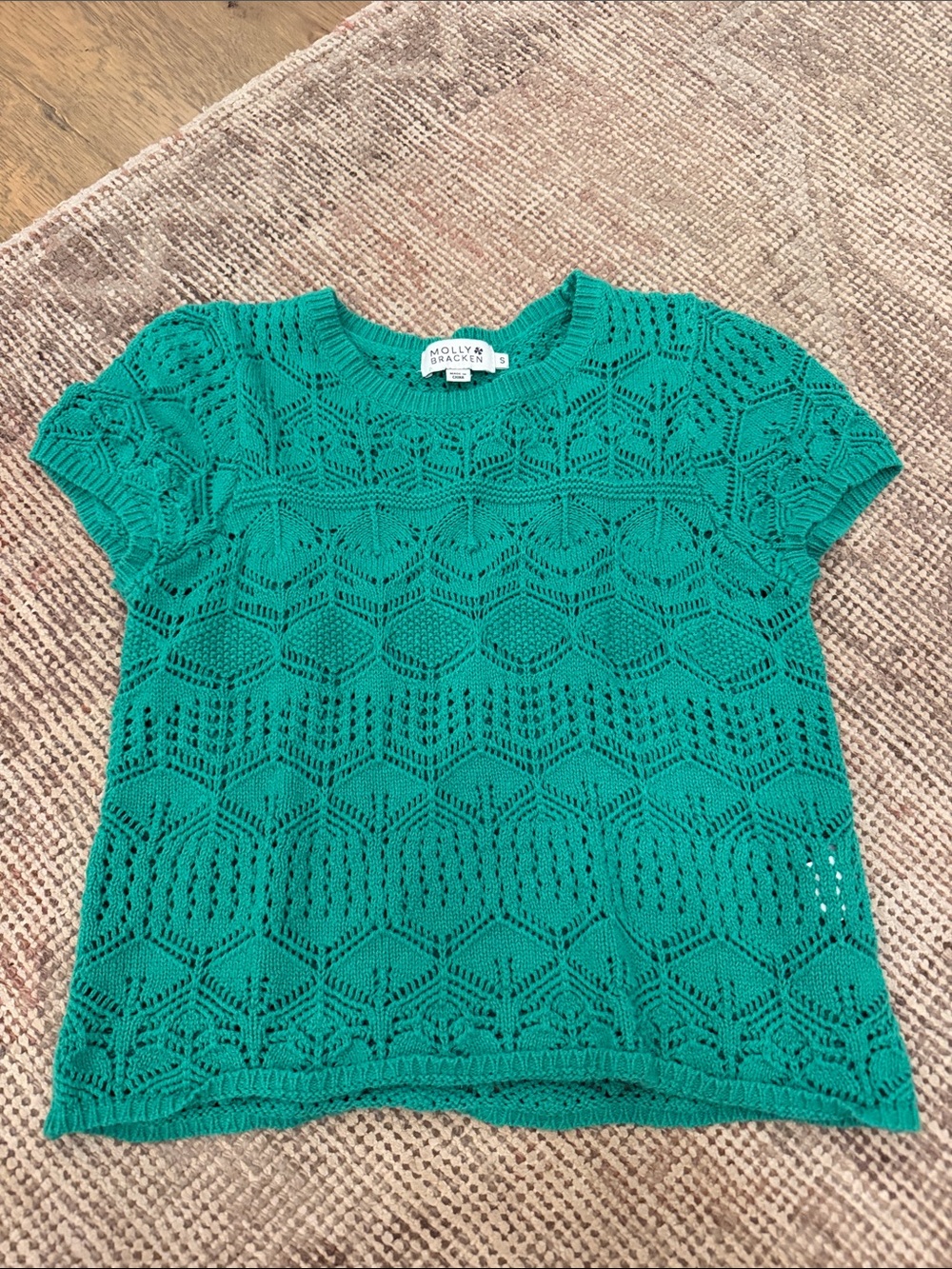 Molly Bracken Kelly Green Crocheted Knit Short Sleeve Top